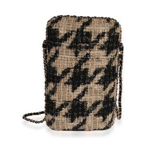 Chanel Metallic Houndstooth Print Tweed Phone Holder Crossbody